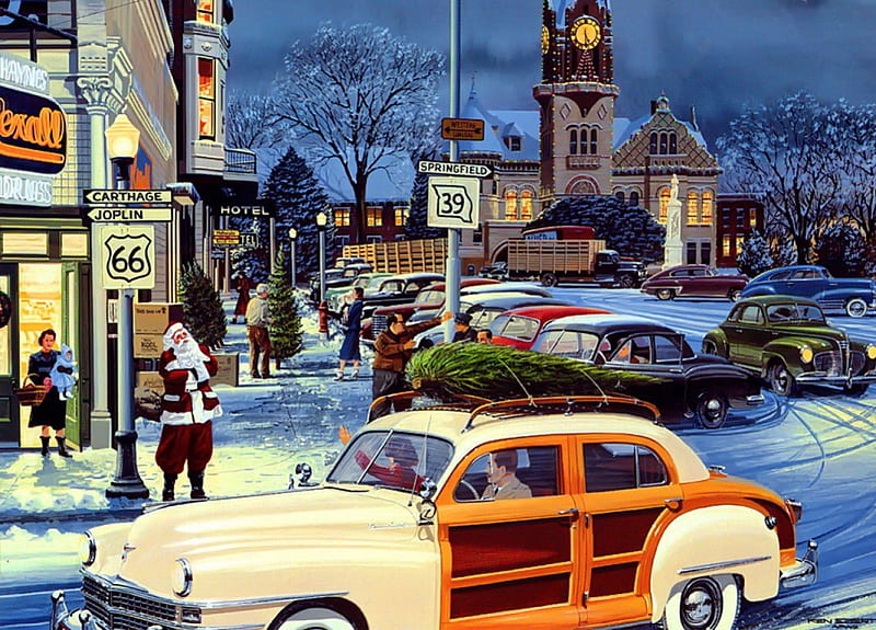 Santa in the town, art, christmas, holiday, town, bonito, mood, eve, winter, carros, tree, santa, painting, evening, street, HD wallpaper