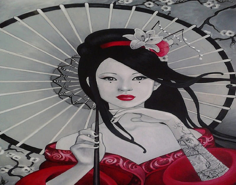 Tattoo Geisha, red, tattoo, black, white, woman, HD wallpaper | Peakpx