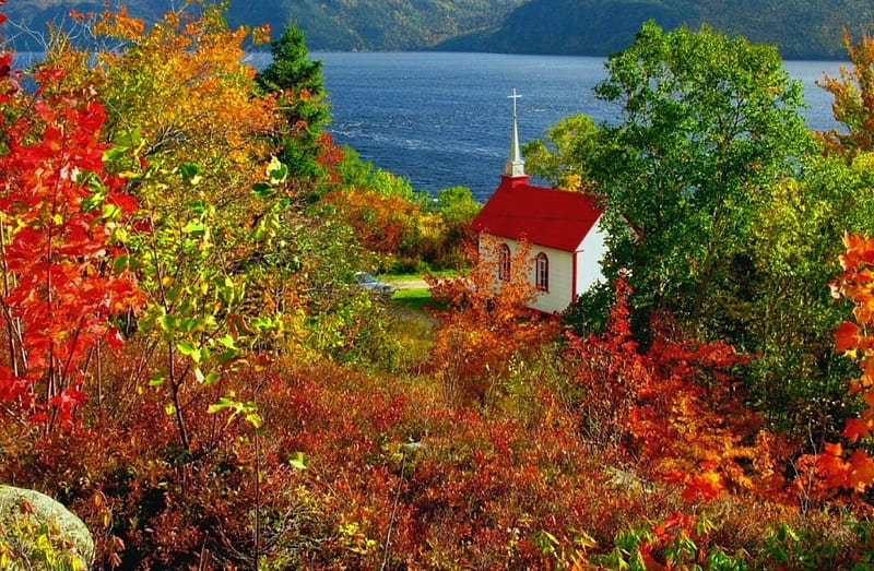 Lovely autumn view, fall, pretty, colorful, autumn, riverbank, shore, bonito, clouds, foliage, mountain, leaves, nice, river, calmness, lovely, church, sky, trees, lake, water, serenity, nature, HD wallpaper