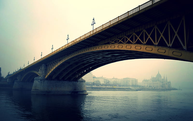 Petofi Bridge, Budapest, Danube, fog, morning, river, Hungary, sights, landmarks, HD wallpaper