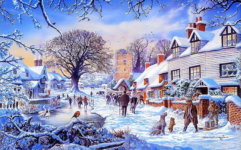 ★Village in the Winter★, villages, holidays, christmas, white trees, houses, love four seasons, bonito, attractions in dreams, xmas and new year, winter, greetings, roads, paintings, snow, winter holidays, people, HD wallpaper