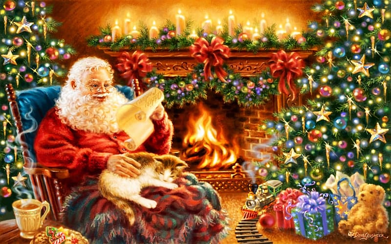 Santa's List, chimney, ornaments, tree, christmas, painting, HD wallpaper