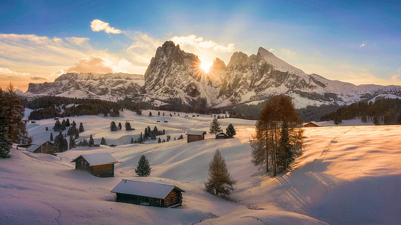 The Alpe di Siusi, South Tyrol, Italy, morning, snow, clouds, Dolomites, landscape, trees, sky, houses, sunrise, HD wallpaper