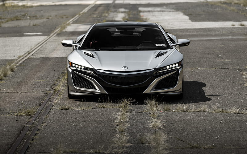 Acura NSX, 2018, silver sports coupe, front view, new silver NSX, Japanese sports cars, Acura, HD wallpaper