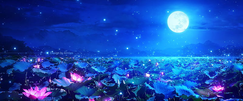 Moonlight, moon, summer, blue, night, lotus, fantasy, moon, vara, flower, pink, HD wallpaper