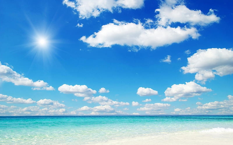 A Beautiful Blue Day, sand, sun, clouds, sky, sea, HD wallpaper