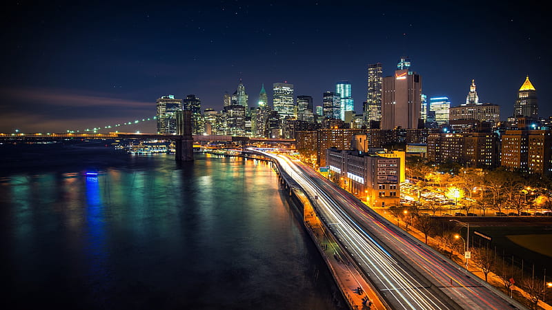 Brooklyn Bridge - East River, architecture, East River, New York City, bridges, skylines, Brooklyn Bridge, nighttime, highways, New York, long exposure, rivers, HD wallpaper