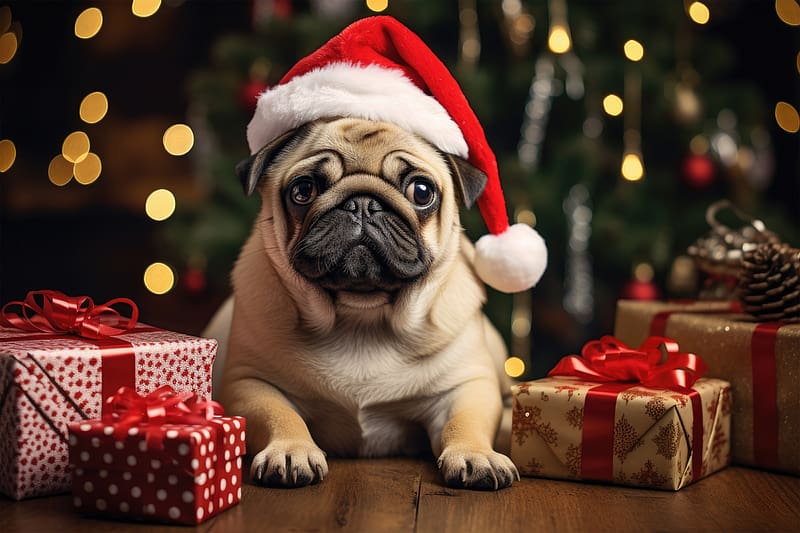 pug, santa claus, gifts, funny, cute, new year, christmas, HD wallpaper