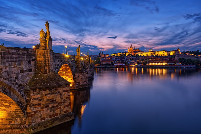 Bridges, Charles Bridge, Czech Republic, Dusk, Evening, Prague, HD wallpaper