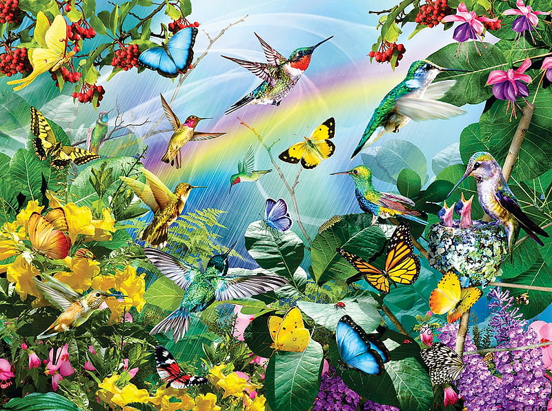 Hummingbirds and butterflies, colorful, art, exotic, luminos, pasare, fantasy, butterfly, bird, summer, flower, pictura, tropical, HD wallpaper