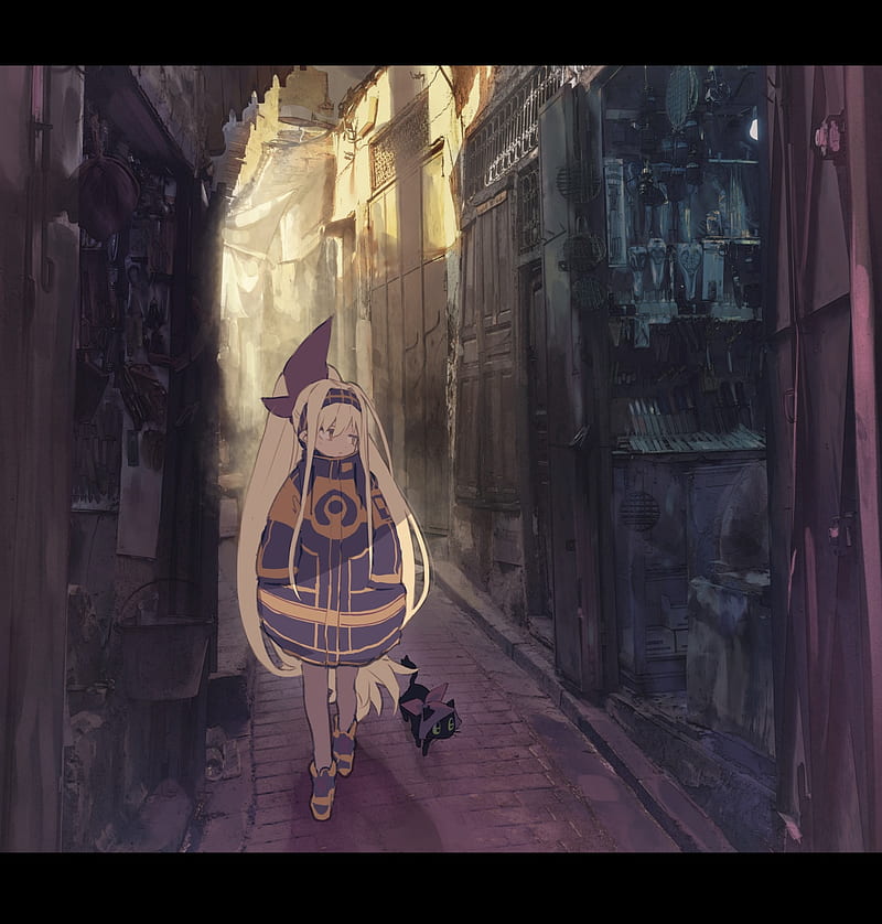 anime, anime girls, Hyocoro, blonde, long hair, cats, original characters, alleyway, concept art, HD phone wallpaper