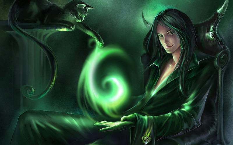 The green magic, witch, sorceress, magic, cat, woman, animal, play, fantasy, girl, green, beauty, kitten, light, creature, HD wallpaper