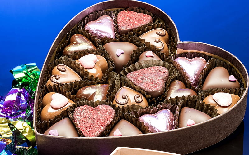 For you!, food, chocolate, box, valentine, sweet, dessert, heart, pink, blue, HD wallpaper