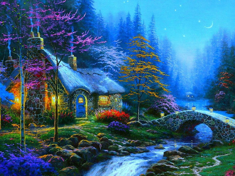 Painting, art, house, river, trees, HD wallpaper | Peakpx