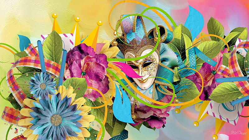 Carnival background, Mask, desenho, Colourful, Leaves, Flowers, HD wallpaper