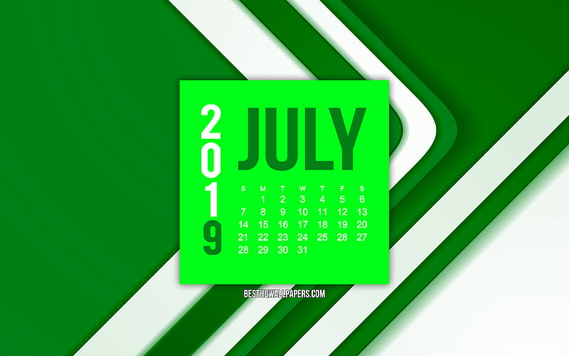 2019 July calendar, green abstract lines background, 2019 calendars, July, 2019 concepts, green 2019 July calendar, HD wallpaper