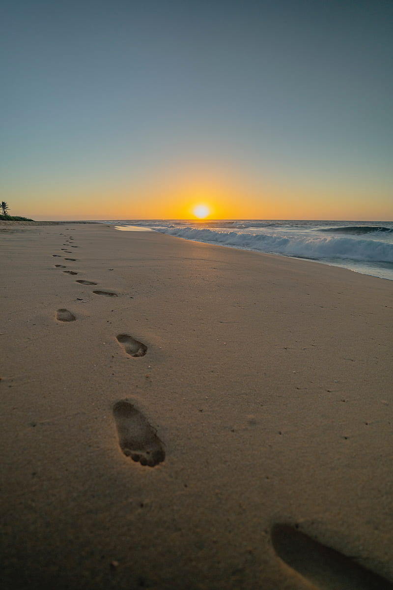 beach, sunset, footprints, sand, HD phone wallpaper