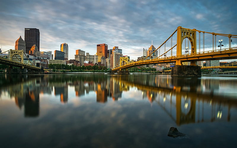 Roberto Clemente Bridge, Pittsburgh, North Shore, District, American city, evening, sunset, Pennsylvania, USA, HD wallpaper