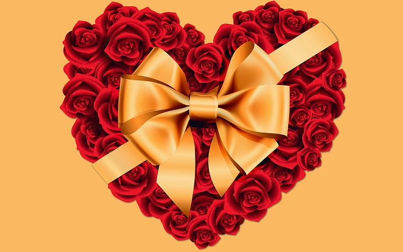 heart of roses, red heart, flower heart, gold ribbon, gold bow, roses, HD wallpaper