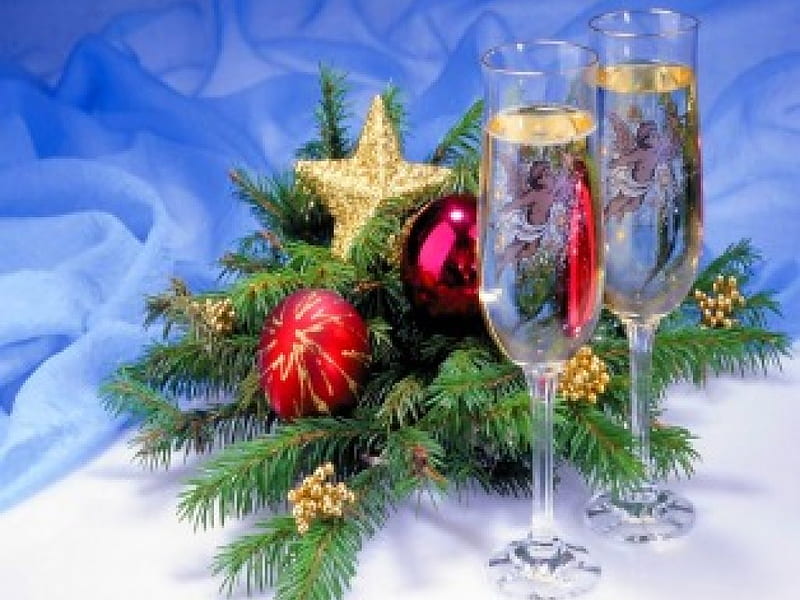 Celebrate the Season, boughs, decorations, glasses, champagne, star, HD wallpaper