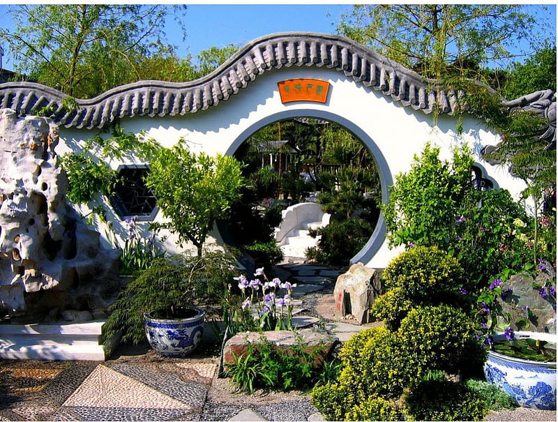 Chinese Moon Gate Garden, gate, moon, garden, nature, chinese, trees, HD wallpaper