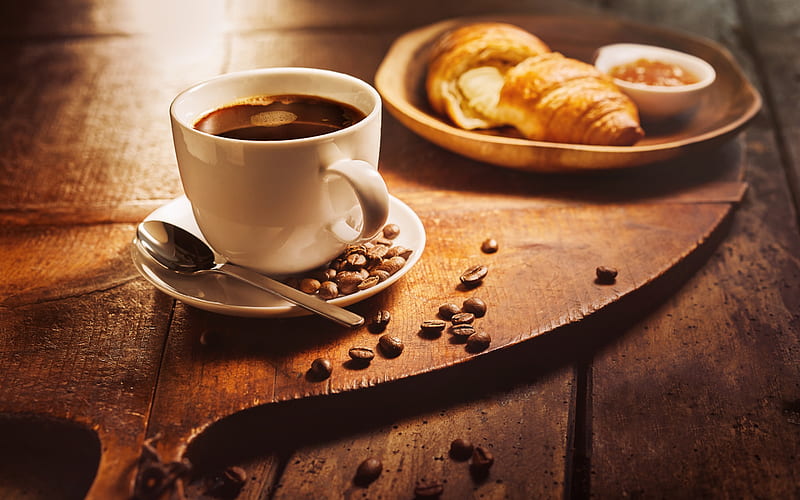 black coffee, breakfast, croissant, white cup, coffee, HD wallpaper