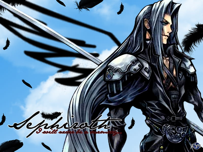 Sephiroth, ff7, games, final fantasy 7, white hair, video games, clouds, final fantasy series, anime, final fantasy, long hair, feathers, wings, male, sky, final fantasy vii, blue background, lone, dissidia, HD wallpaper