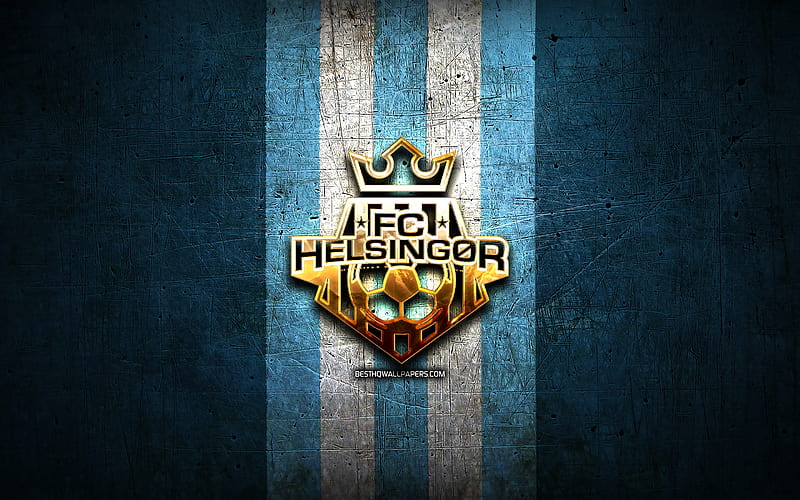 Helsingor FC, golden logo, Danish Superliga, blue metal background, football, danish football club, Helsingor logo, soccer, FC Helsingor, HD wallpaper