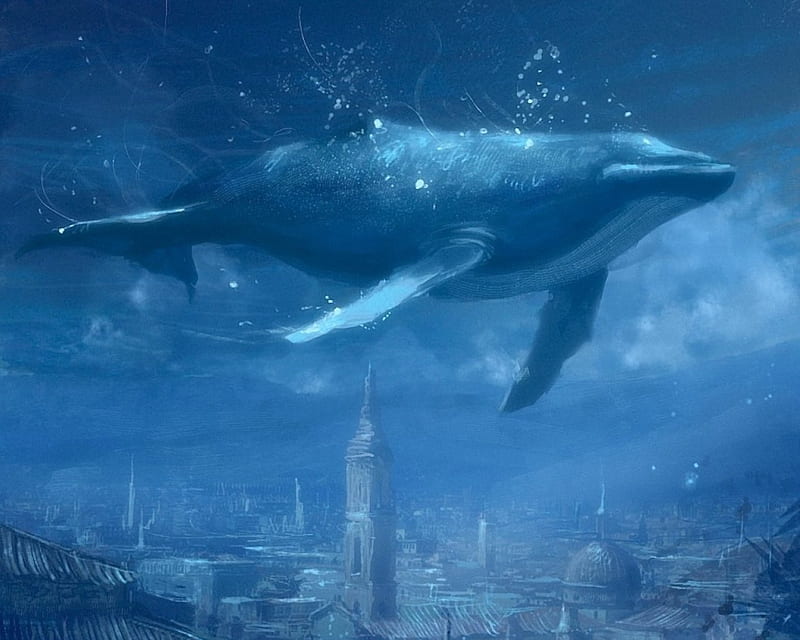 Fantasy, underwater, art, city, whale, sea, blue, HD wallpaper