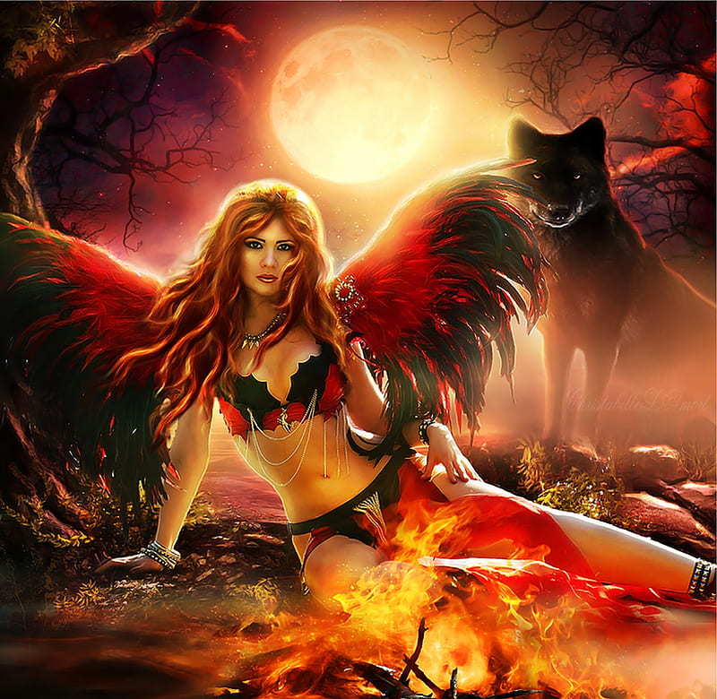Fantasy Angel, artistic, art, fantasy, bonito, Wolf, woman, artwork, HD wallpaper