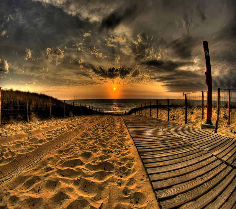 Wooden Path , beach, bonito, evening, golden, path, sand, scenary, sunset, view, HD wallpaper