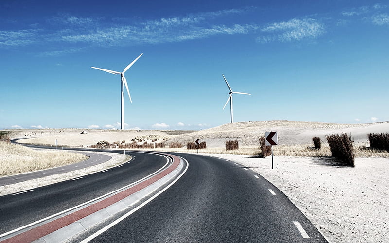 Wind Turbines, architecture, tech, sky, sand, nature, road, Wind Turbine, street, landscape, HD wallpaper