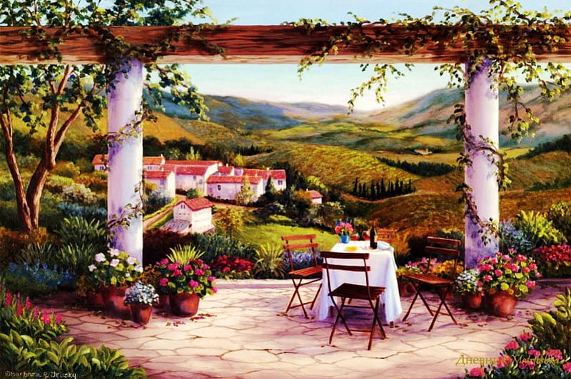 Mediterranean Landscape, veranda, table, houses, chairs, nature, artwork, HD wallpaper