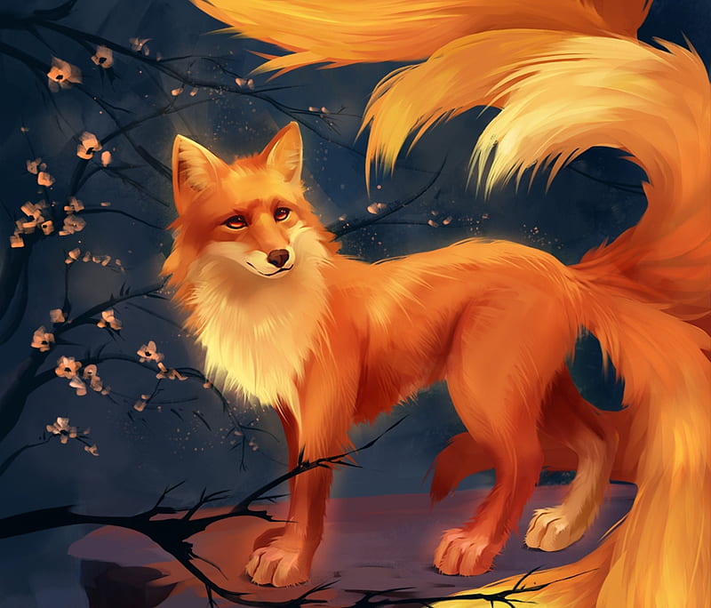 Nine-tails fox, fire, fantasy, vulpe, fox, luminos, sofiya tyukaeva, nine tails, orange, HD wallpaper