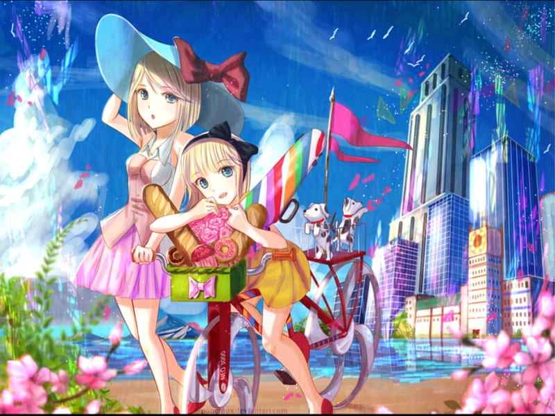 Blue Nostalgia, pretty, house, adorable, sweet, floral, nice, multicolor, anime, beauty, anime girl, bike, lovely, ribbon, town, gown, blonde, sky, short hair, building, cute, awesome, great, colorful, scenic, dress, blond, colourful, home, bicycle, bonito, blossom, city, good, scenery, gorgeous, female, cloud, blonde hair, multicolour, hat, blond hair, kawaii, girl, flower, petals, scene, HD wallpaper