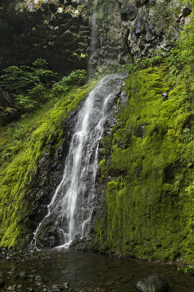 waterfall, cliff, moss, water, stones, HD phone wallpaper