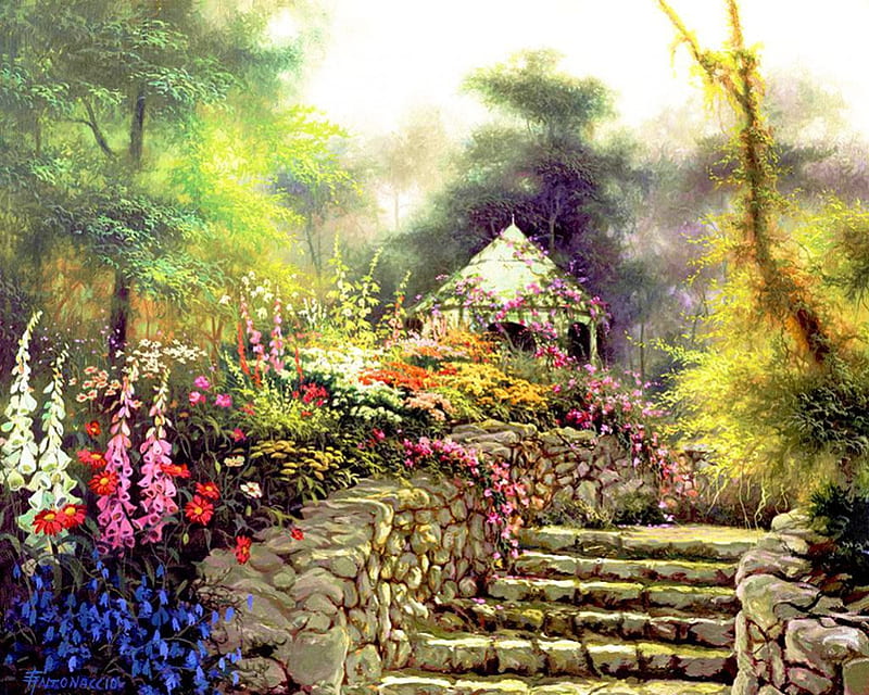 Flower Garden, painting, flowers, blossoms, stairs, trees, gazebo, artwork, HD wallpaper