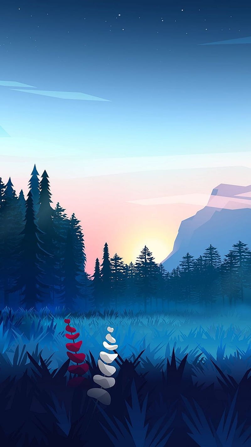 Blue Landscape, aesthetic, blue, flowers, landscape, nature, trees, HD phone wallpaper