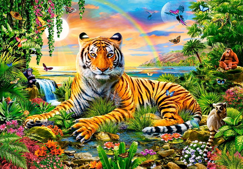 King of the Jungle, monkey, painting, flowers, rainbow, parrots, tiger, butterflies, artwork, HD wallpaper
