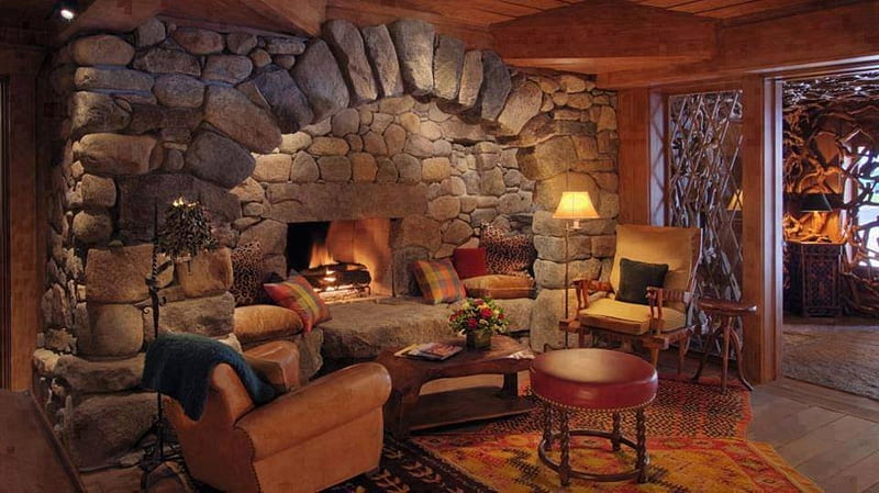 Beautiful Fireplace, Wood, Fireplace, bonito, Chairs, HD wallpaper