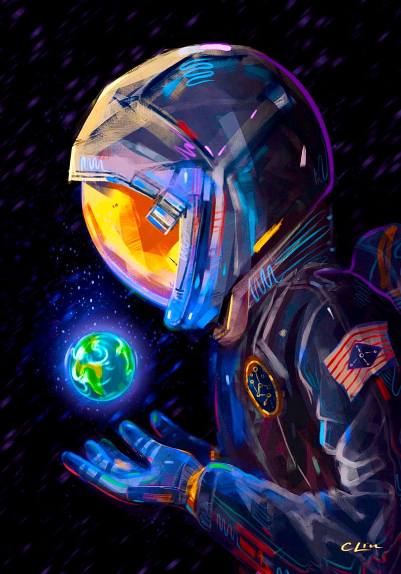 astronaut, spacesuit, earth, planet, art, HD phone wallpaper