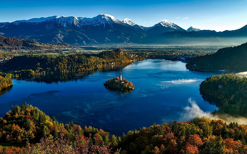 Bled, lake, island, Slovenia, mountains, HD wallpaper