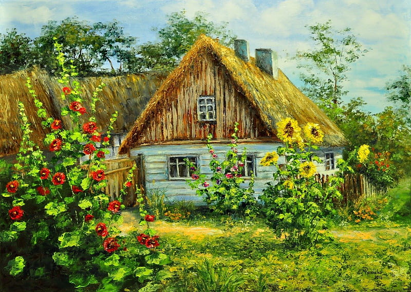 Rural house, pretty, hut, house, grass, home, bonito, straw, countryside, nice, sunflowers, painting, village, flowers, beauty, rural, art, rustic, quiet, calmness, lovely, trees, serenity, nature, HD wallpaper