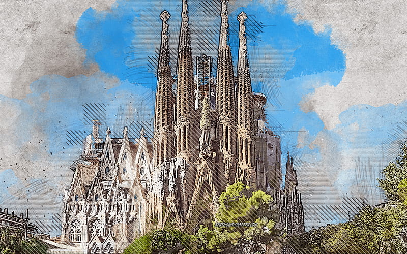 Sagrada Familia, Barcelona, Catalonia, Spain, grunge art, creative art, painted Sagrada Familia, drawing, Sagrada Familia grunge, digital art, HD wallpaper
