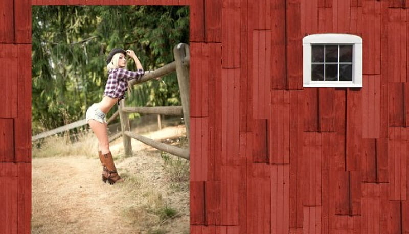 Surveying The Ranch.........., barn doors, female, models, hats, boots, ranch, fun, women, fences, cowgirls, girls, fashion, blondes, western, style, HD wallpaper