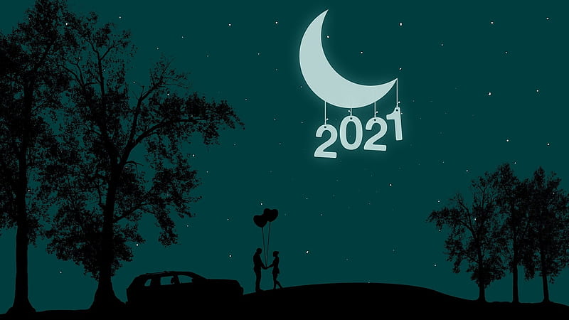 2021, sky, New Year, moon, romantic, love, couple, HD wallpaper