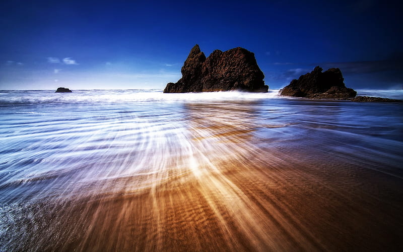 beauty of seascape, rocks, wet, ocean, sky, beach, sand, water, nature, reflection, blue, HD wallpaper