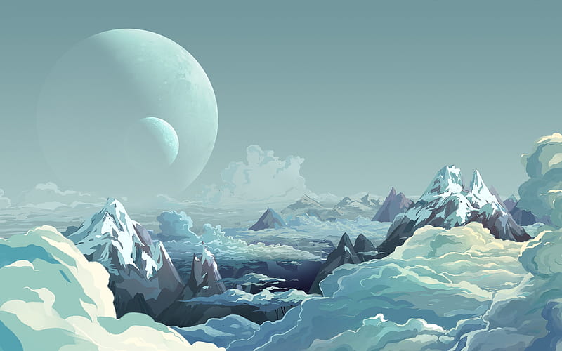 moon, mountains, winter, digital art, HD wallpaper