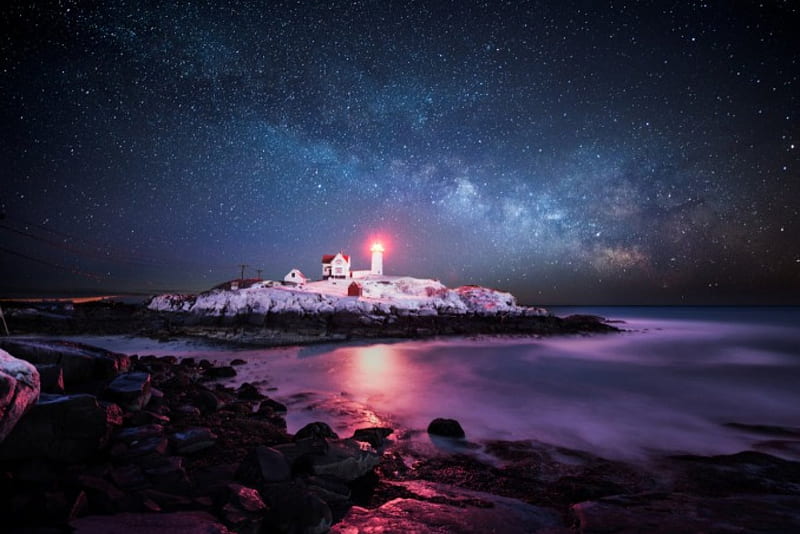 Winter Night At The Lighthouse, stars, water, winter, lighthouse, HD wallpaper