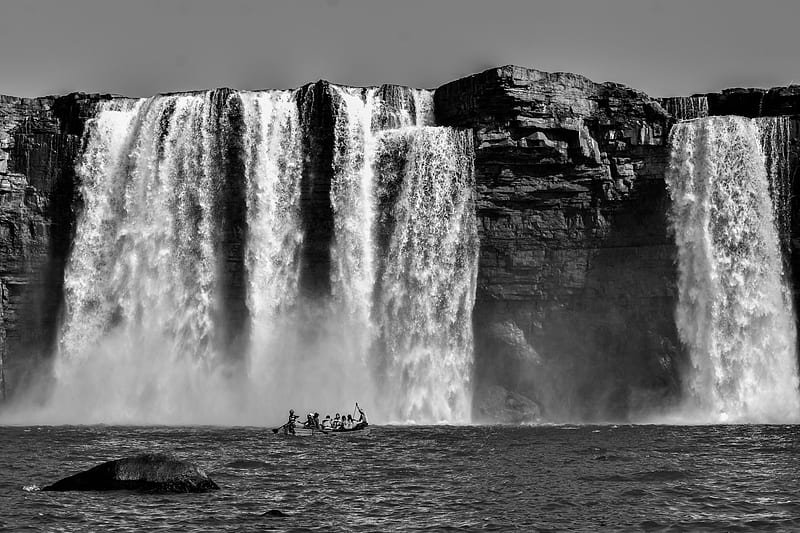 Grayscale graphy Of People Riding A Boat Near Waterfalls, HD wallpaper